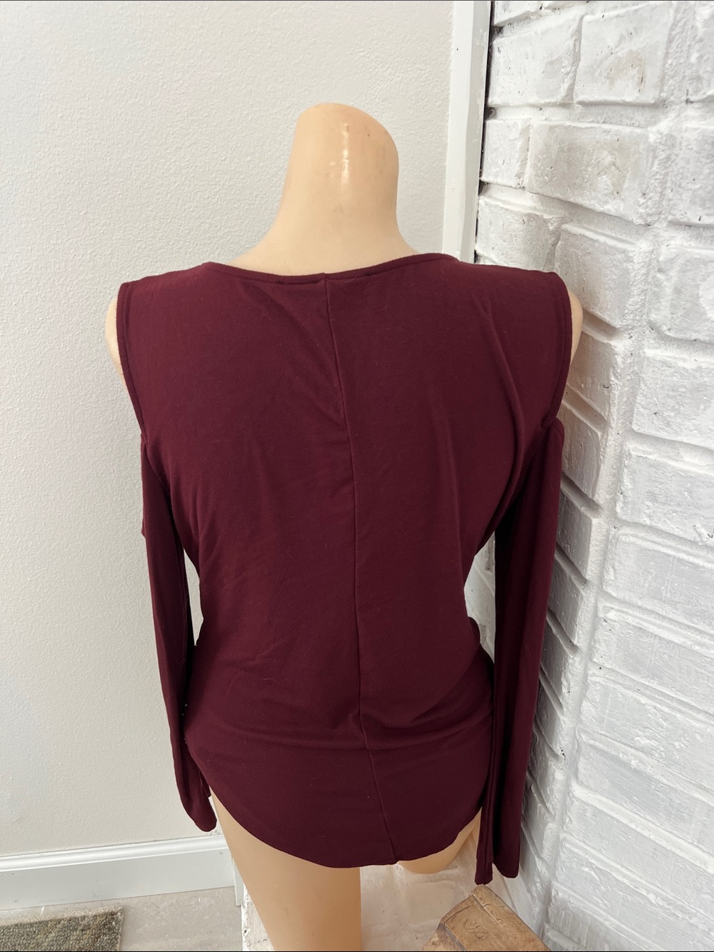 White House Black Market Burgundy Cold-Shoulder Wrap Blouse - Picture 4 of 4